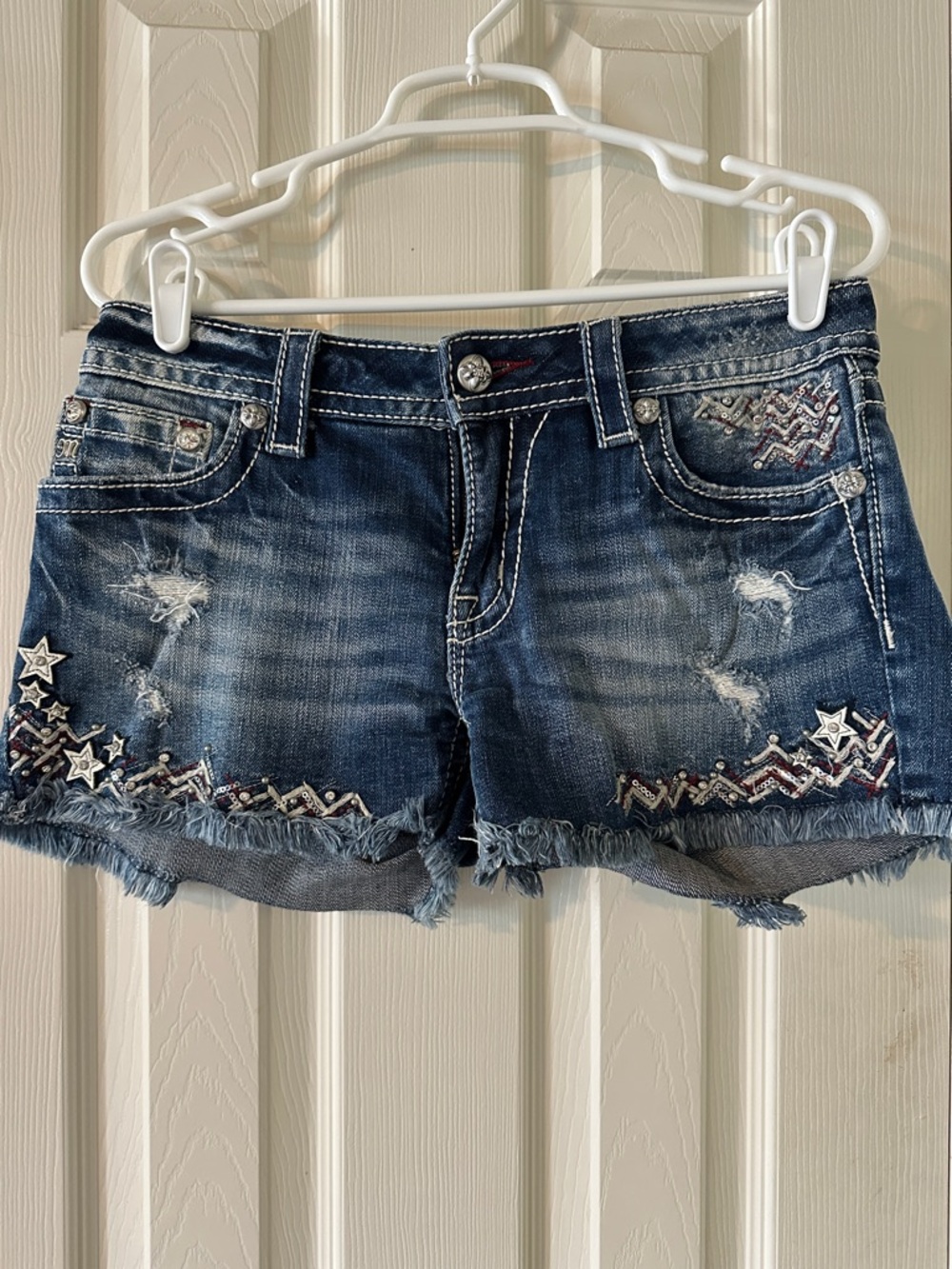 Miss Me Distressed Embellished Denim Shorts - Blue with Silver Stars